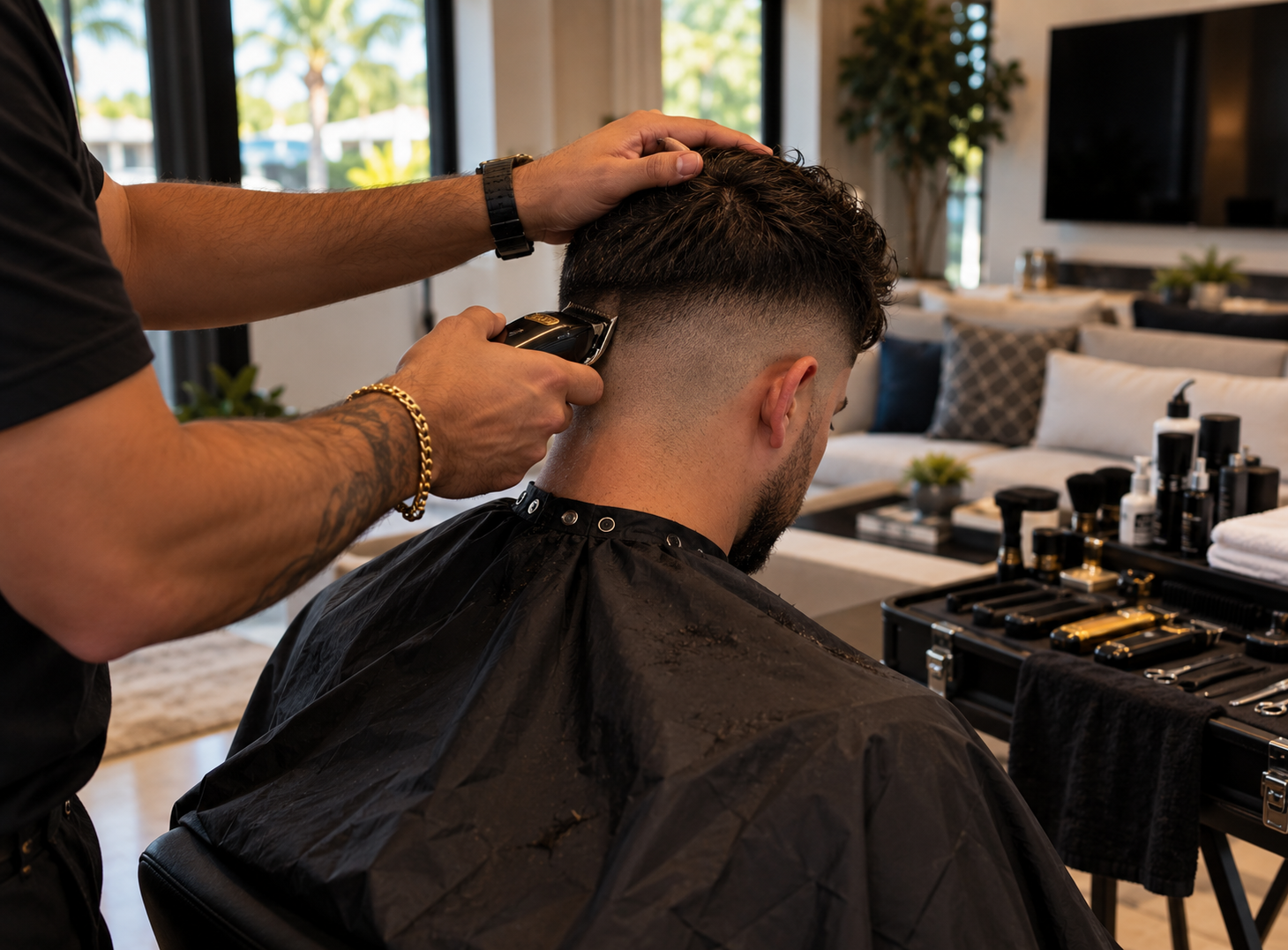Berny giving a house call haircut in a client's home